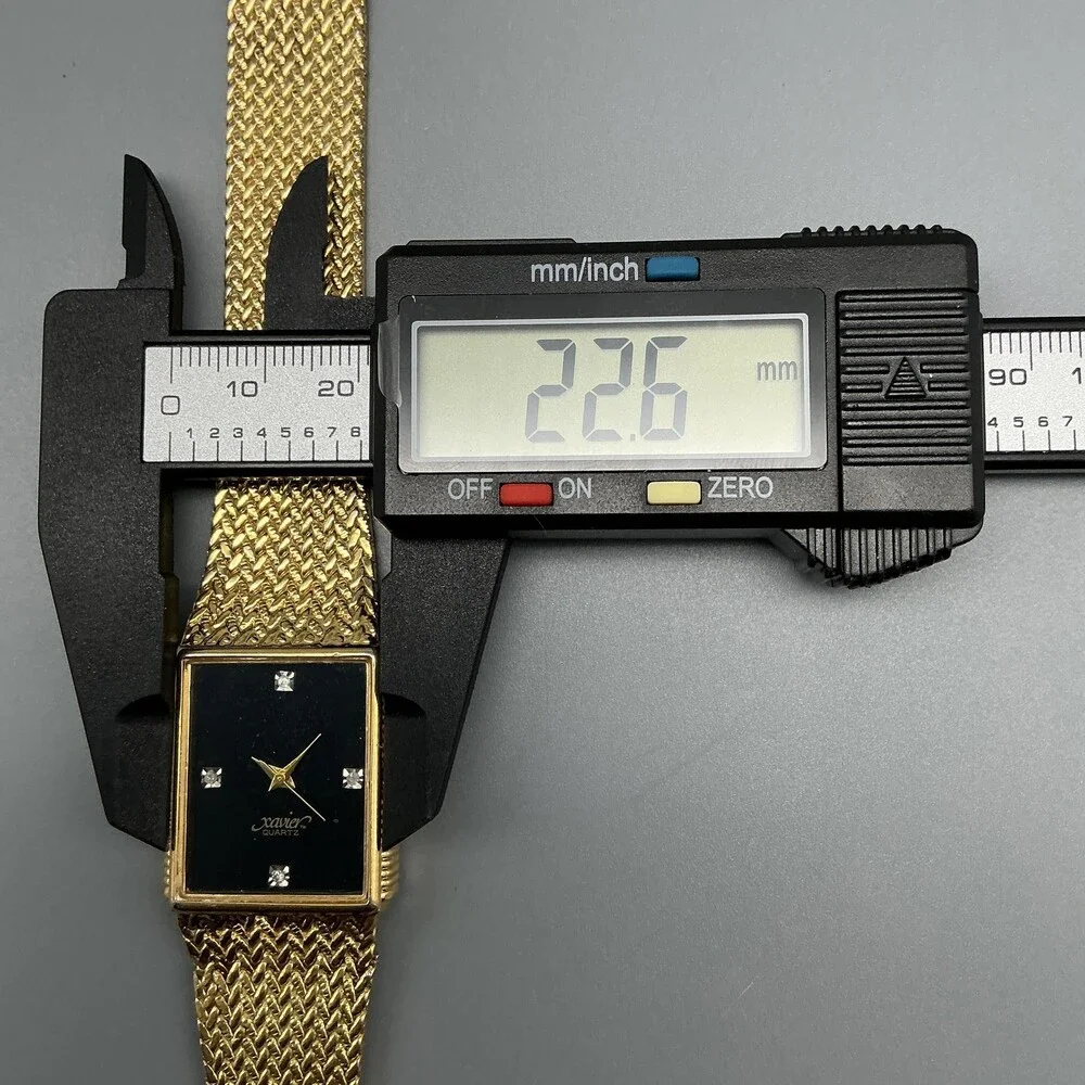 Vintage Xavier Mens Watch 23mm Black Dial Gold Tone Gem Markers New Battery